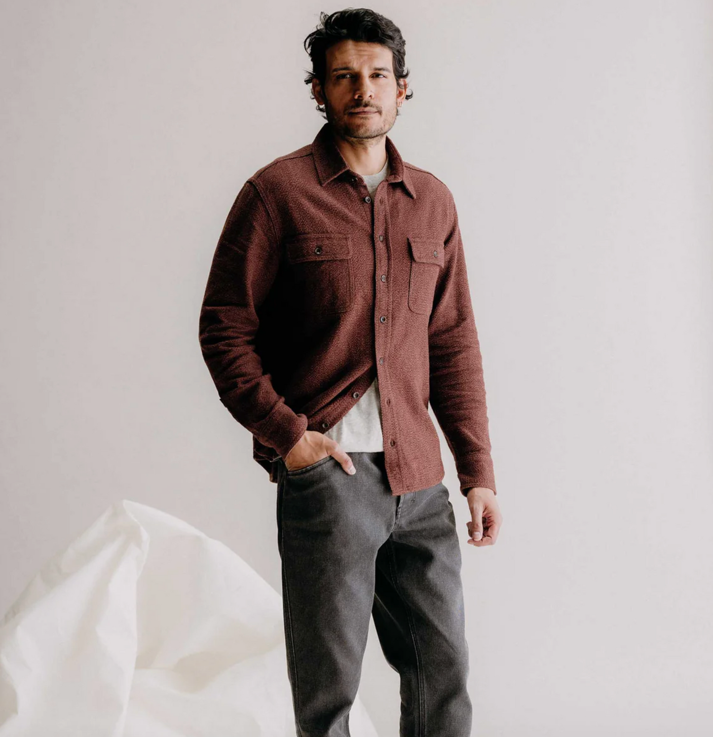 The Ledge Shirt in Burgundy Linen Tweed
