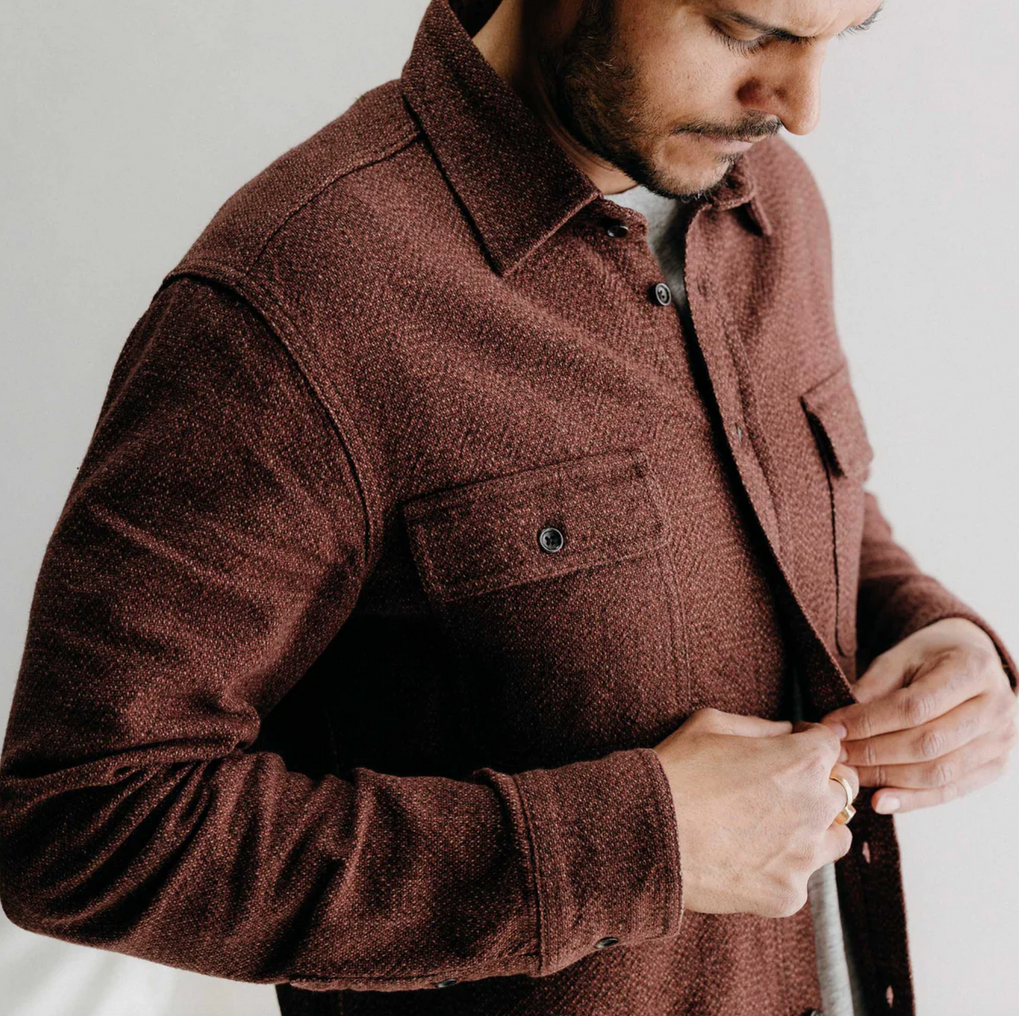 The Ledge Shirt in Burgundy Linen Tweed