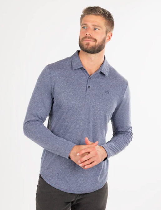 TravisMathew Wilderness Long Sleeve Polo, Heather Indigo