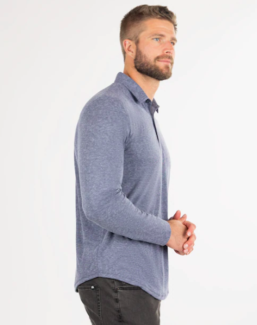 TravisMathew Wilderness Long Sleeve Polo, Heather Indigo