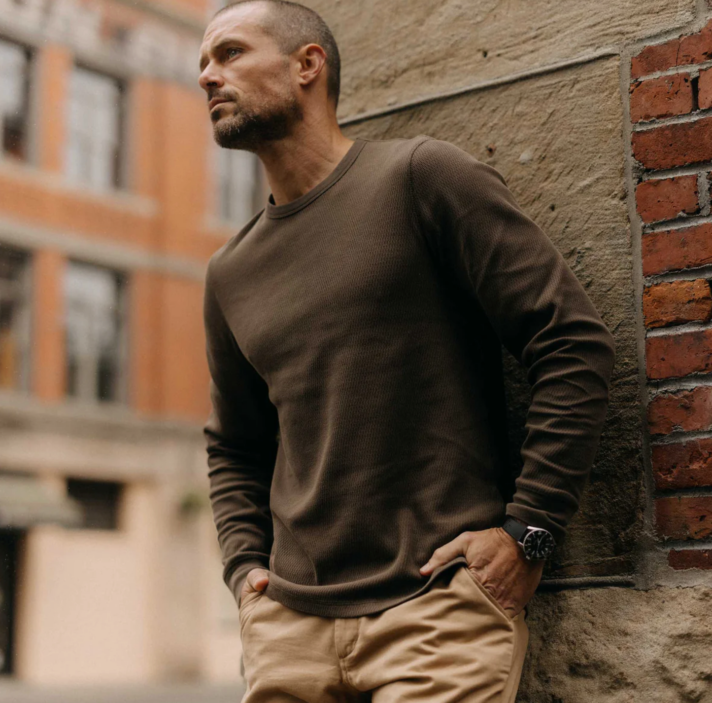 The Organic Cotton Waffle Crew in Fatigue Olive Crew